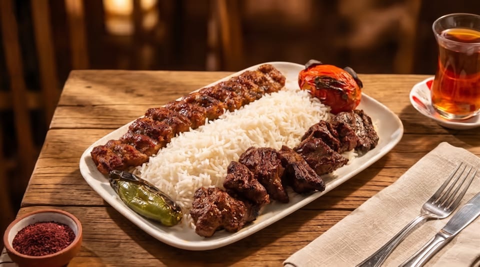 A white platter of Persian kabob, rice, grilled vegetables, and a glass of tea on a wooden table.