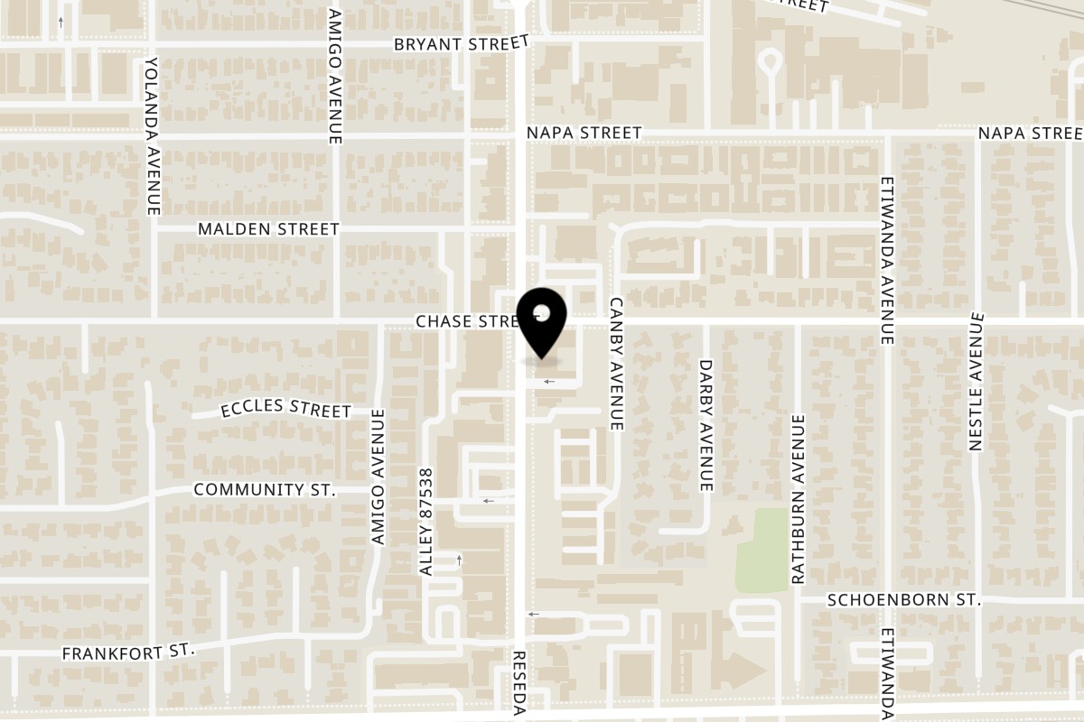 Map showing the location of Grillo Kebab on 8450 Reseda Blvd in Northridge